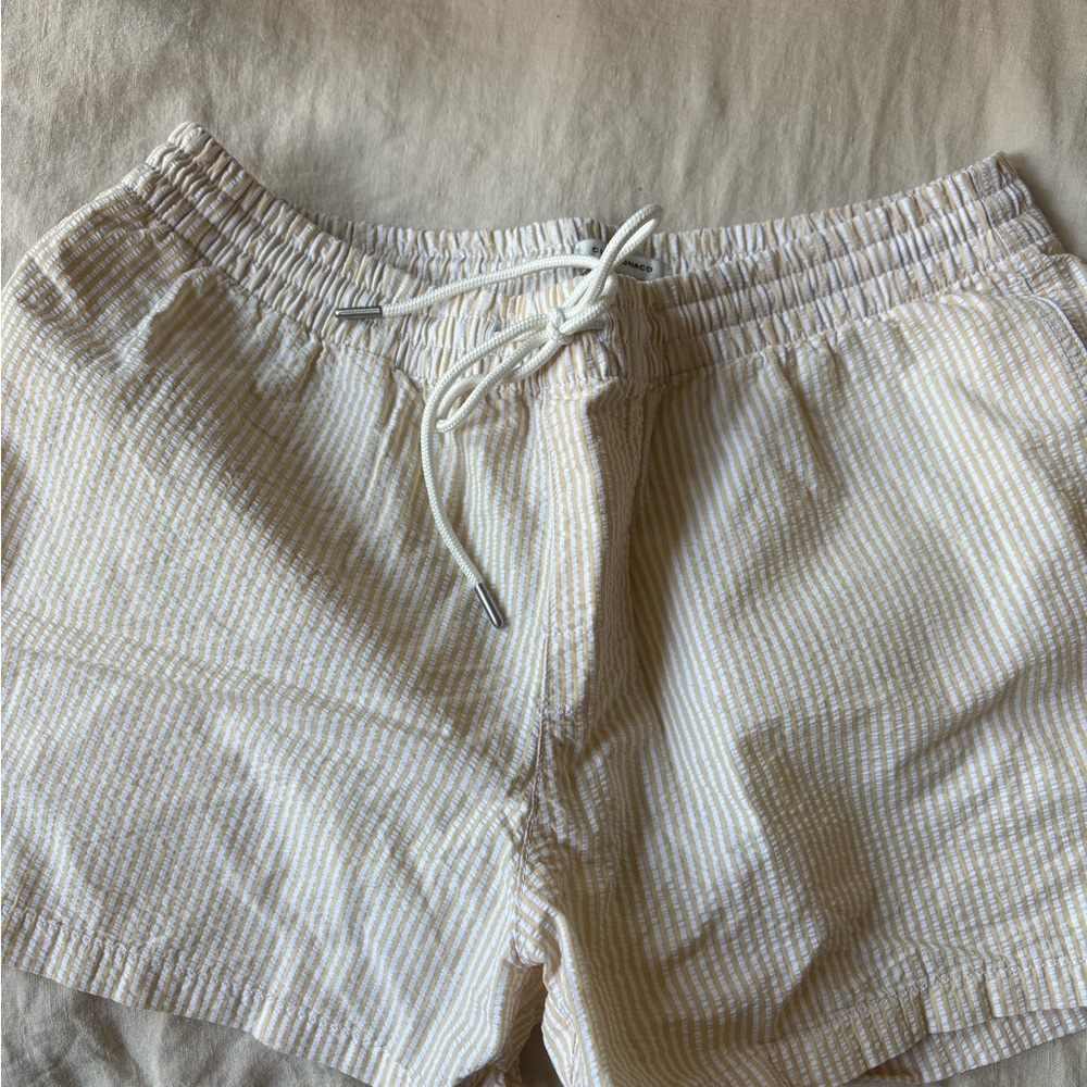 Club Monaco Beige and White Striped Swim Board Shorts